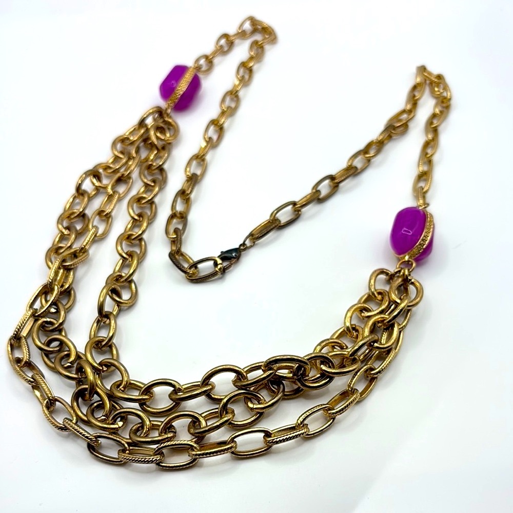 Vintage 80’s Gold Necklace with Purple Lucite Highlights 3 Layer Chain 16–18”